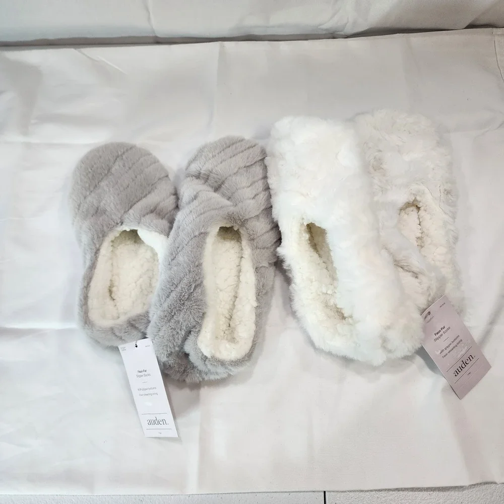 Auden Faux Fur Slipper Socks/gripper M/L 8-10 Gray/ White Lot Of 2 New
